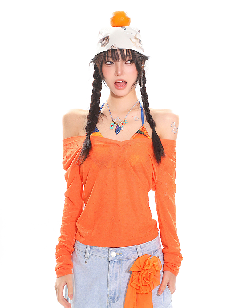 Orange Long Sleeve V-Neck Sun Protection Cover-Up for Women - Relaxed Fit Summer Top for a Casual Hot Girl Look Orange Long Sleeve V-Neck Sun Protection Cover-Up for Women - Relaxed Fit Summer Top for a Casual Hot Girl Look