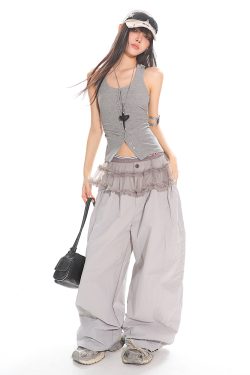 Orange Low-Waist Wide-Leg Casual Pants - American Retro Loose Pleated Parachute Style, Floor-Length Y2K Fashion Trousers