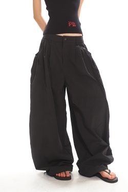 Orange Low-Waist Wide-Leg Casual Pants - American Retro Loose Pleated Parachute Style, Floor-Length Y2K Fashion Trousers