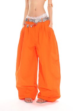 Orange Low-Waist Wide-Leg Casual Pants - American Retro Loose Pleated Parachute Style, Floor-Length Y2K Fashion Trousers