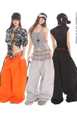 Orange Low-Waist Wide-Leg Casual Pants - American Retro Loose Pleated Parachute Style, Floor-Length Y2K Fashion Trousers