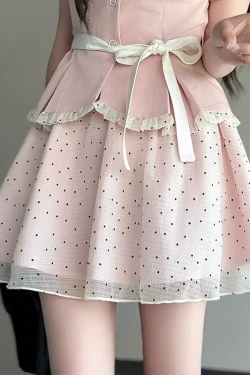 Original JK Uniform Yellow Doll Collar Top with Pudding Bear and Polka Dot Skirt Set - Women's Summer College Style