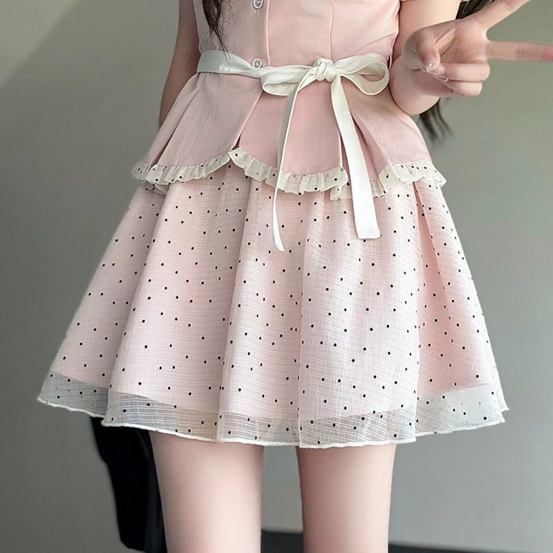 Original JK Uniform Yellow Doll Collar Top with Pudding Bear and Polka Dot Skirt Set - Women's Summer College Style Original JK Uniform Yellow Doll Collar Top with Pudding Bear and Polka Dot Skirt Set - Women's Summer College Style