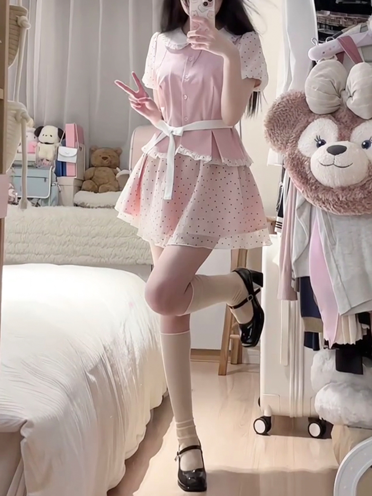 Original JK Uniform Yellow Doll Collar Top with Pudding Bear and Polka Dot Skirt Set - Women's Summer College Style Original JK Uniform Yellow Doll Collar Top with Pudding Bear and Polka Dot Skirt Set - Women's Summer College Style