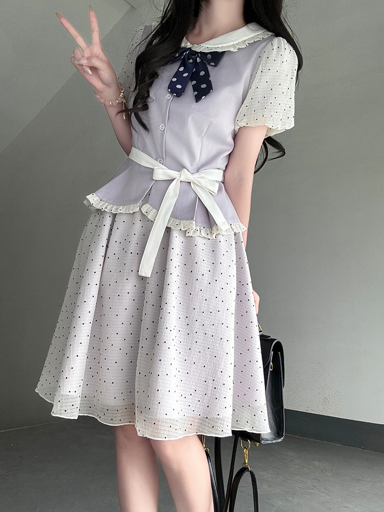 Original JK Uniform Yellow Doll Collar Top with Pudding Bear and Polka Dot Skirt Set - Women's Summer College Style Original JK Uniform Yellow Doll Collar Top with Pudding Bear and Polka Dot Skirt Set - Women's Summer College Style