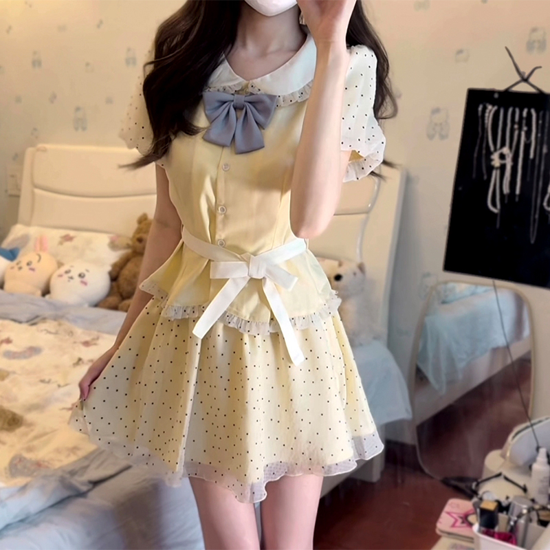 Original JK Uniform Yellow Doll Collar Top with Pudding Bear and Polka Dot Skirt Set - Women's Summer College Style Original JK Uniform Yellow Doll Collar Top with Pudding Bear and Polka Dot Skirt Set - Women's Summer College Style