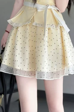 Original JK Uniform Yellow Doll Collar Top with Pudding Bear and Polka Dot Skirt Set - Women's Summer College Style