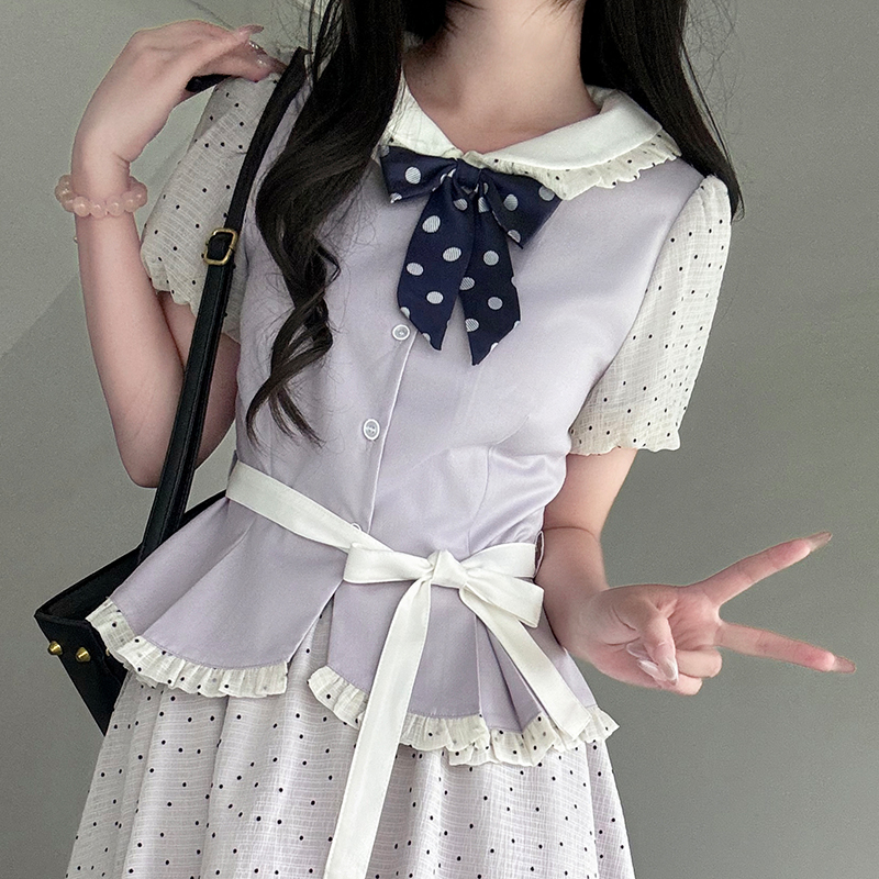 Original JK Uniform Yellow Doll Collar Top with Pudding Bear and Polka Dot Skirt Set - Women's Summer College Style Original JK Uniform Yellow Doll Collar Top with Pudding Bear and Polka Dot Skirt Set - Women's Summer College Style