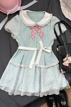 Original JK Uniform Yellow Doll Collar Top with Pudding Bear and Polka Dot Skirt Set - Women's Summer College Style