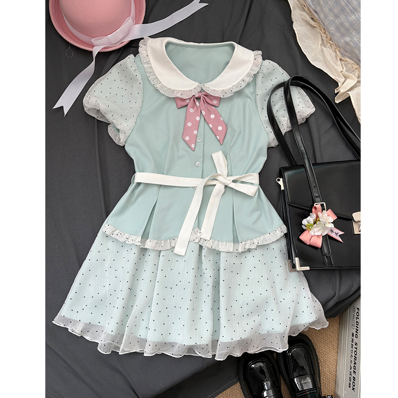 Original JK Uniform Yellow Doll Collar Top with Pudding Bear and Polka Dot Skirt Set - Women's Summer College Style Original JK Uniform Yellow Doll Collar Top with Pudding Bear and Polka Dot Skirt Set - Women's Summer College Style