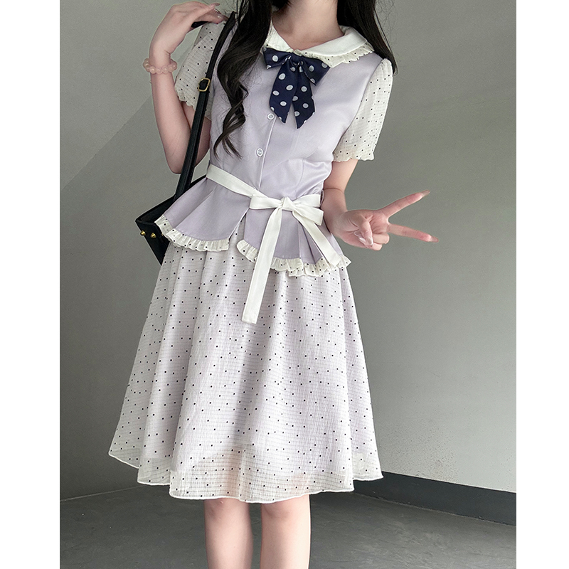 Original JK Uniform Yellow Doll Collar Top with Pudding Bear and Polka Dot Skirt Set - Women's Summer College Style Original JK Uniform Yellow Doll Collar Top with Pudding Bear and Polka Dot Skirt Set - Women's Summer College Style