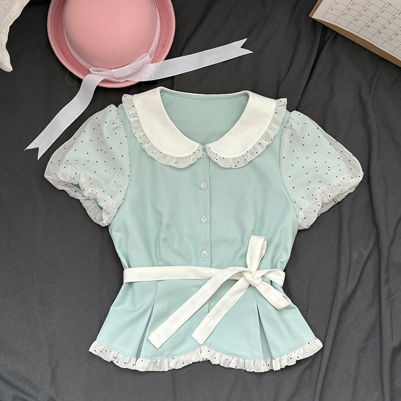 Original JK Uniform Yellow Doll Collar Top with Pudding Bear and Polka Dot Skirt Set - Women's Summer College Style Original JK Uniform Yellow Doll Collar Top with Pudding Bear and Polka Dot Skirt Set - Women's Summer College Style