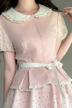 Original JK Uniform Yellow Doll Collar Top with Pudding Bear and Polka Dot Skirt Set - Women's Summer College Style