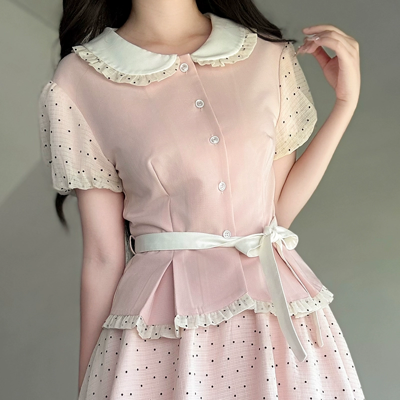 Original JK Uniform Yellow Doll Collar Top with Pudding Bear and Polka Dot Skirt Set - Women's Summer College Style Original JK Uniform Yellow Doll Collar Top with Pudding Bear and Polka Dot Skirt Set - Women's Summer College Style