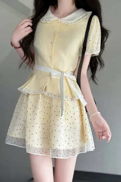 Original JK Uniform Yellow Doll Collar Top with Pudding Bear and Polka Dot Skirt Set - Women's Summer College Style