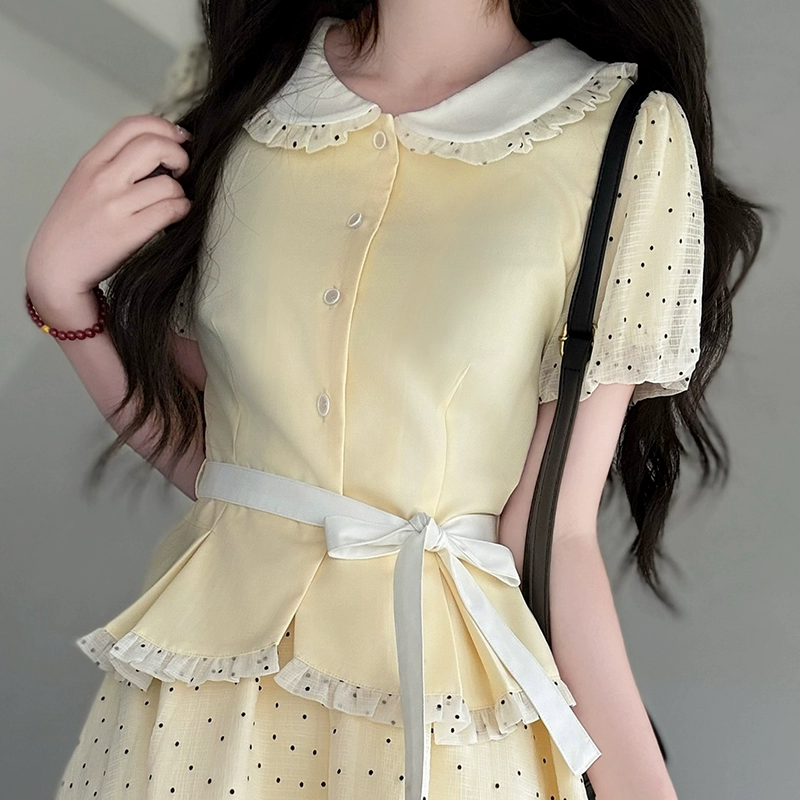 Original JK Uniform Yellow Doll Collar Top with Pudding Bear and Polka Dot Skirt Set - Women's Summer College Style Original JK Uniform Yellow Doll Collar Top with Pudding Bear and Polka Dot Skirt Set - Women's Summer College Style
