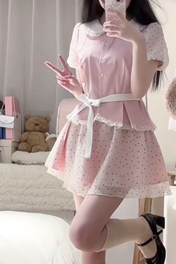 Original JK Uniform Yellow Doll Collar Top with Pudding Bear and Polka Dot Skirt Set - Women's Summer College Style