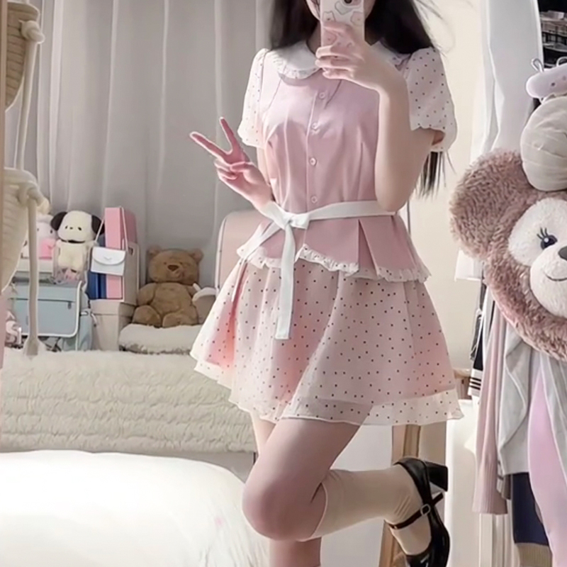 Original JK Uniform Yellow Doll Collar Top with Pudding Bear and Polka Dot Skirt Set - Women's Summer College Style Original JK Uniform Yellow Doll Collar Top with Pudding Bear and Polka Dot Skirt Set - Women's Summer College Style