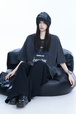 Oversized Black Short-Sleeve T-Shirt for Women - American Street Style, Casual Loose Fit, Y2K Fashion, Graphic Tee