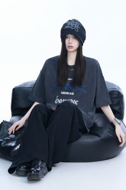 Oversized Black Short-Sleeve T-Shirt for Women - American Street Style, Casual Loose Fit, Y2K Fashion, Graphic Tee