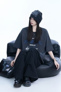Oversized Black Short-Sleeve T-Shirt for Women - American Street Style, Casual Loose Fit, Y2K Fashion, Graphic Tee