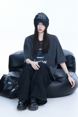 Oversized Black Short-Sleeve T-Shirt for Women - American Street Style, Casual Loose Fit, Y2K Fashion, Graphic Tee