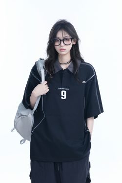 Oversized Black Short Sleeve T-Shirt for Women with American Street Style Collar and Quote, Casual Y2K Fashion Top