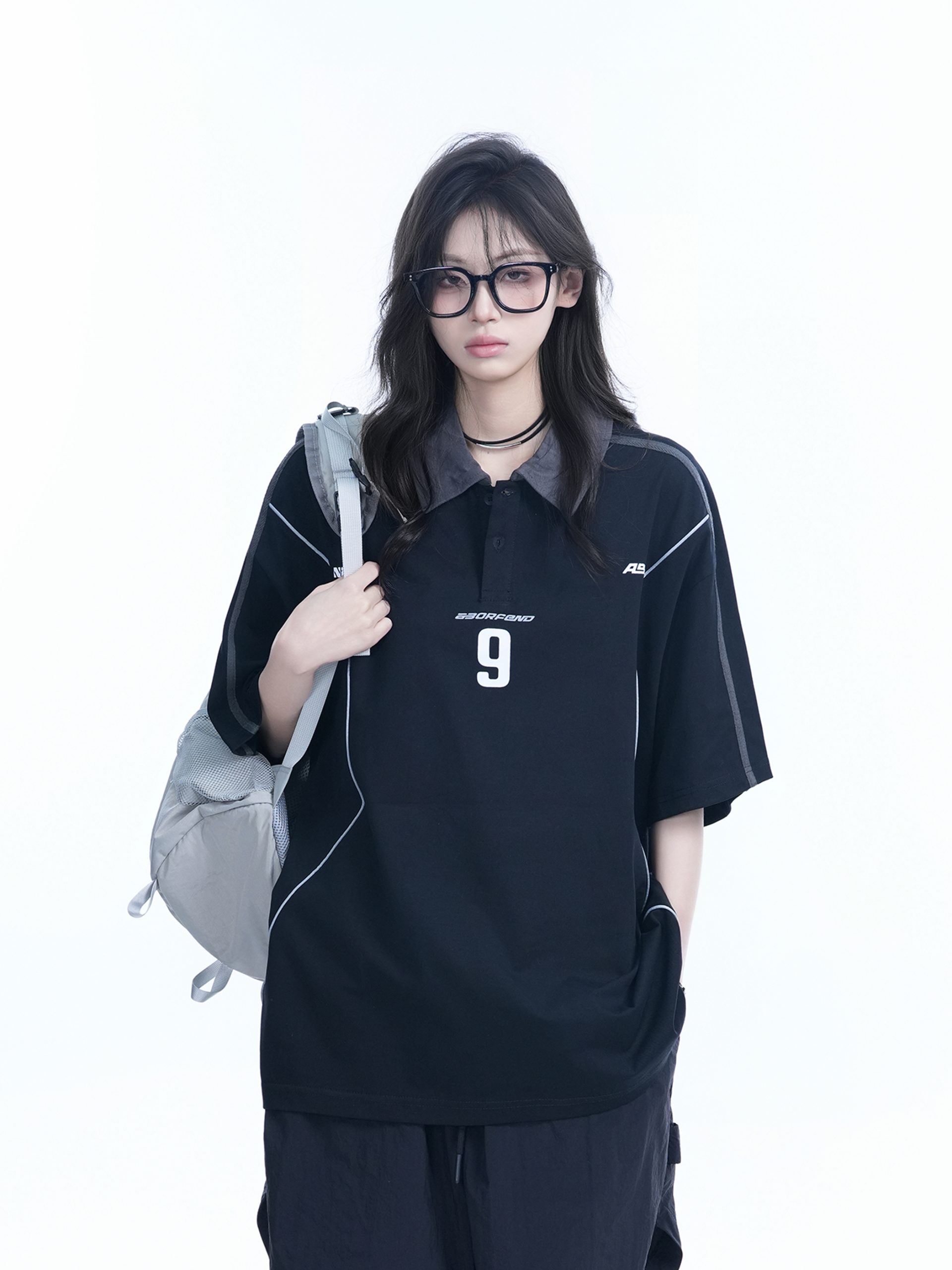 Oversized Black Short Sleeve T-Shirt for Women with American Street Style Collar and Quote, Casual Y2K Fashion Top Oversized Black Short Sleeve T-Shirt for Women with American Street Style Collar and Quote, Casual Y2K Fashion Top