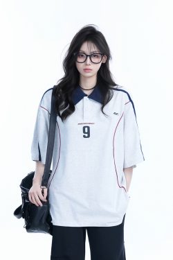 Oversized Black Short Sleeve T-Shirt for Women with American Street Style Collar and Quote, Casual Y2K Fashion Top