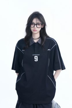 Oversized Black Short Sleeve T-Shirt for Women with American Street Style Collar and Quote, Casual Y2K Fashion Top