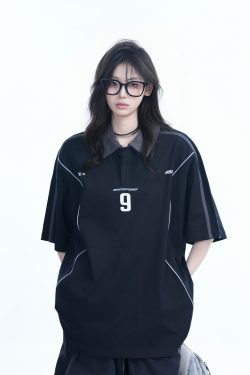 Oversized Black Short Sleeve T-Shirt for Women with American Street Style Collar and Quote, Casual Y2K Fashion Top