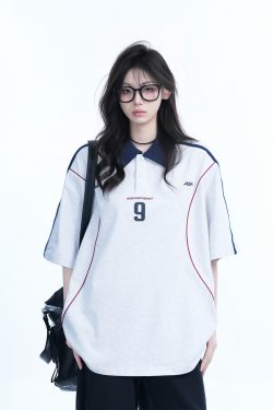 Oversized Black Short Sleeve T-Shirt for Women with American Street Style Collar and Quote, Casual Y2K Fashion Top