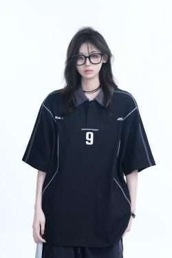 Oversized Black Short Sleeve T-Shirt for Women with American Street Style Collar and Quote, Casual Y2K Fashion Top