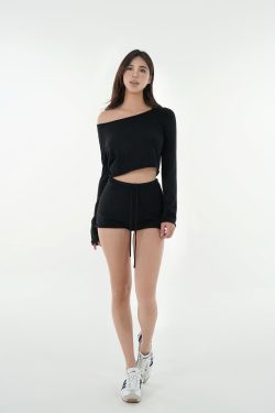 Oversized Collar Rolled Hem Short Sleeve Top & Knitted Shorts Set - Chic Casual Loungewear for Effortless Style