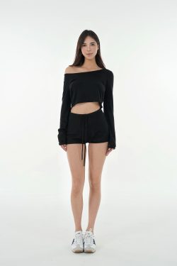 Oversized Collar Rolled Hem Short Sleeve Top & Knitted Shorts Set - Chic Casual Loungewear for Effortless Style