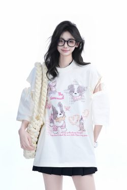 Oversized Cute Bow Half-Sleeve T-Shirt for Women - Sweet Short-Sleeve Tee with Mountain Graphic, Trendy Casual Style