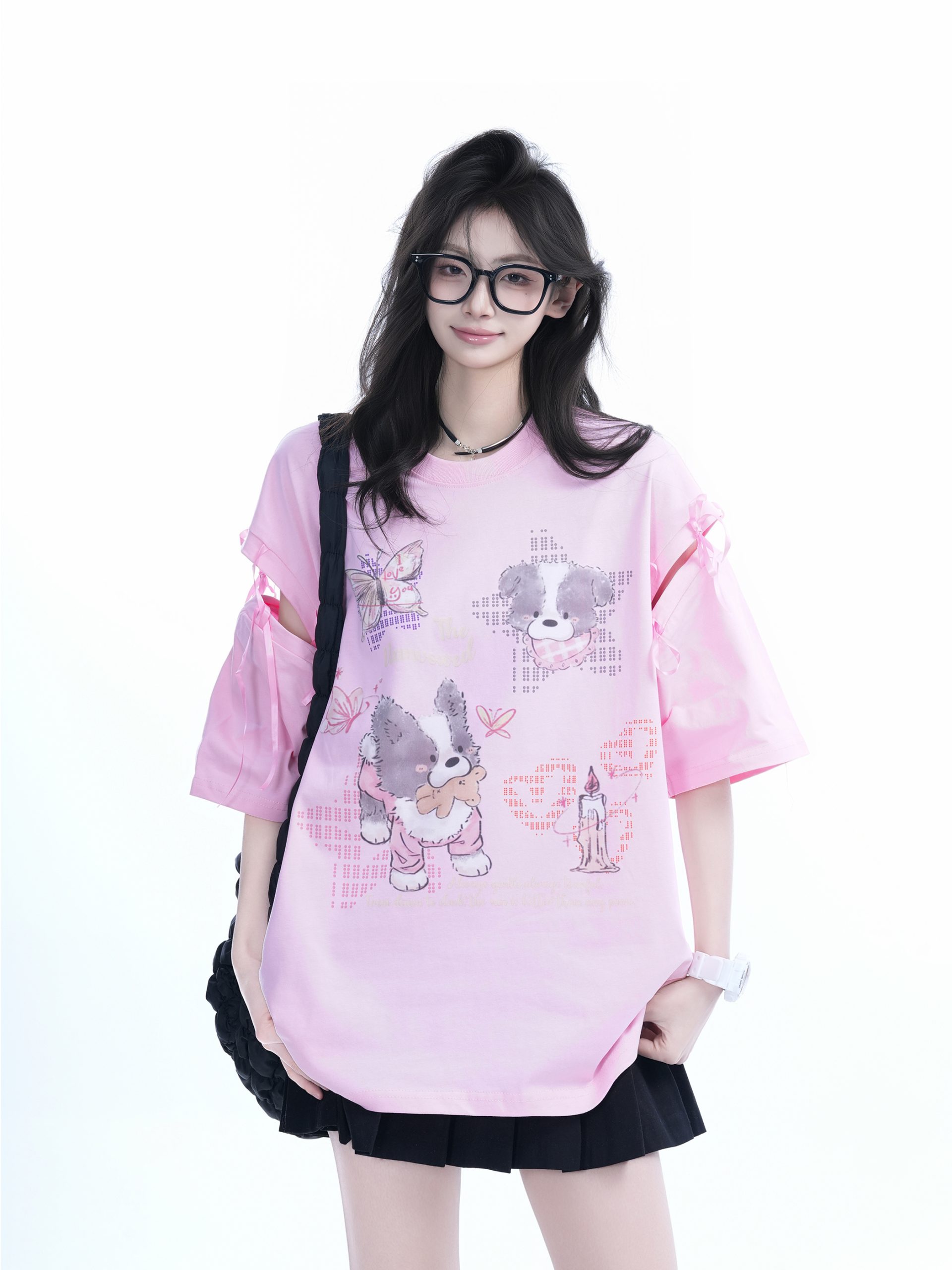 Oversized Cute Bow Half-Sleeve T-Shirt for Women - Sweet Short-Sleeve Tee with Mountain Graphic, Trendy Casual Style Oversized Cute Bow Half-Sleeve T-Shirt for Women - Sweet Short-Sleeve Tee with Mountain Graphic, Trendy Casual Style