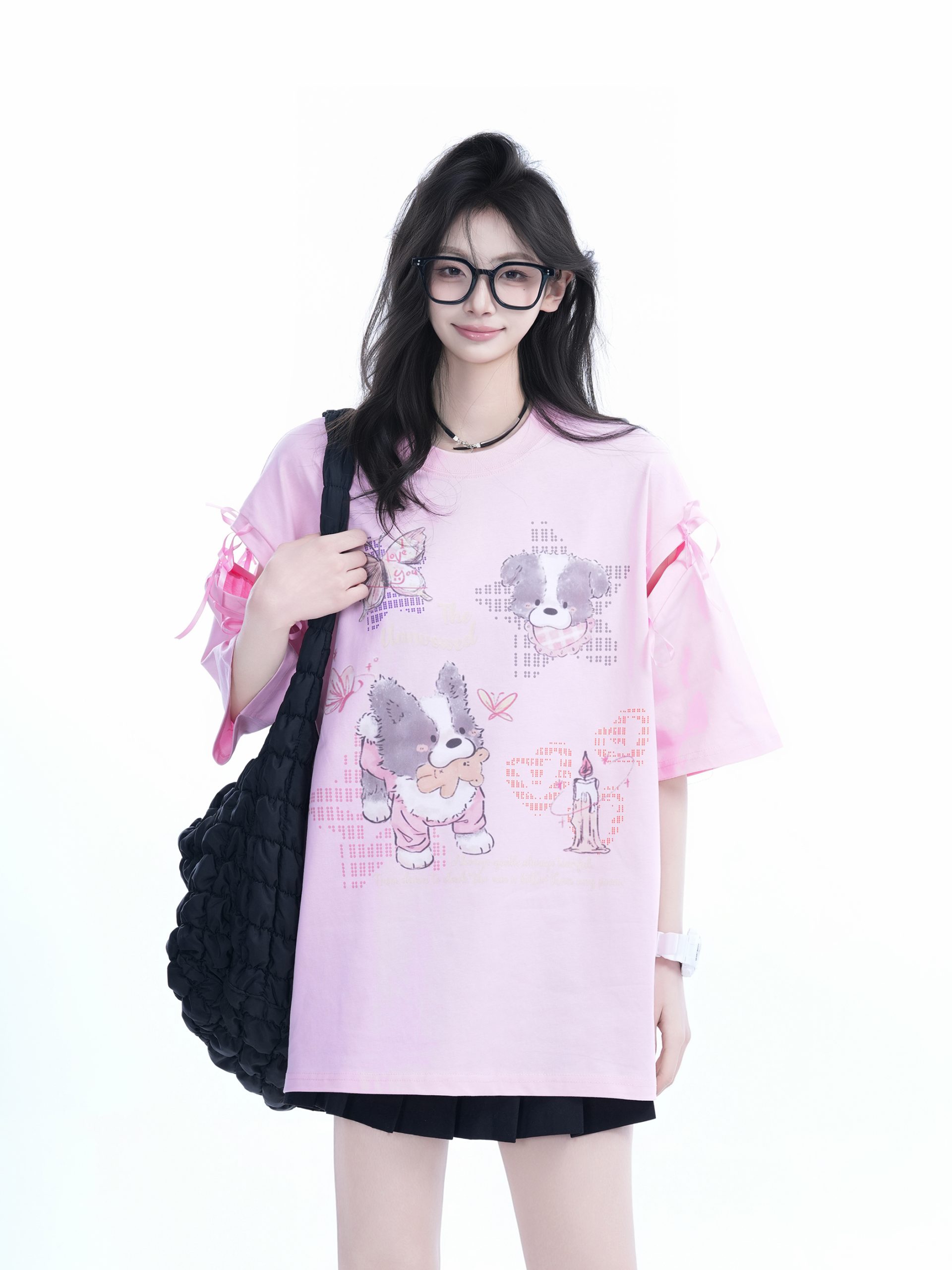 Oversized Cute Bow Half-Sleeve T-Shirt for Women - Sweet Short-Sleeve Tee with Mountain Graphic, Trendy Casual Style Oversized Cute Bow Half-Sleeve T-Shirt for Women - Sweet Short-Sleeve Tee with Mountain Graphic, Trendy Casual Style