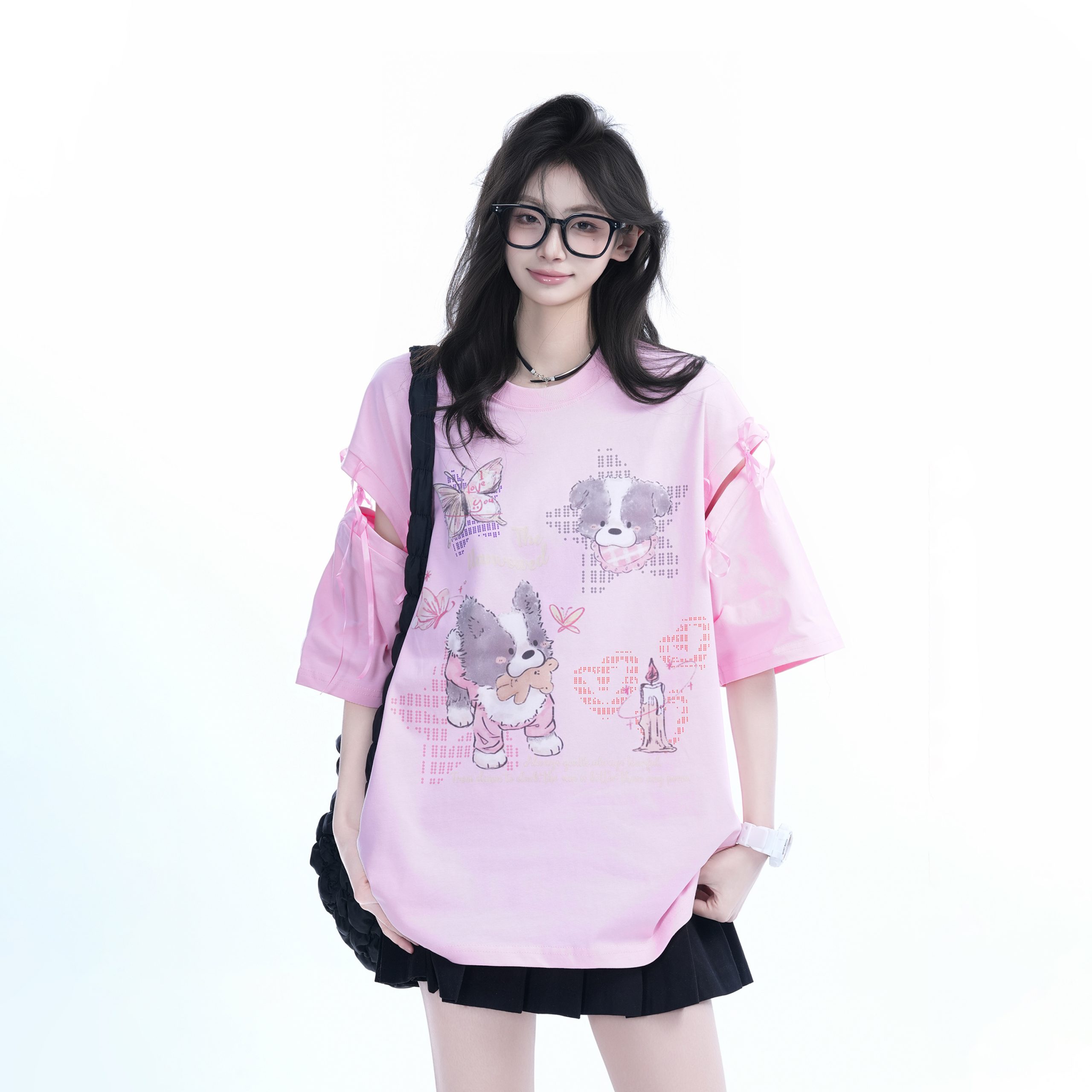 Oversized Cute Bow Half-Sleeve T-Shirt for Women - Sweet Short-Sleeve Tee with Mountain Graphic, Trendy Casual Style Oversized Cute Bow Half-Sleeve T-Shirt for Women - Sweet Short-Sleeve Tee with Mountain Graphic, Trendy Casual Style