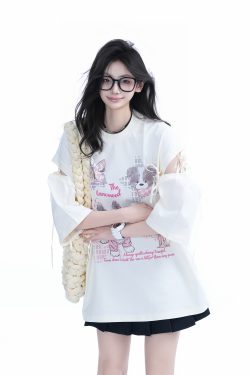 Oversized Cute Bow Half-Sleeve T-Shirt for Women - Sweet Short-Sleeve Tee with Mountain Graphic, Trendy Casual Style