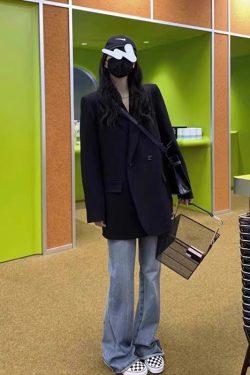 Oversized Gray Blazer for Women - Spring Autumn Casual Korean Style with Shoulder Pads, Loose Fit Design