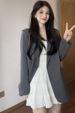 Oversized Gray Blazer for Women - Spring Autumn Casual Korean Style with Shoulder Pads, Loose Fit Design