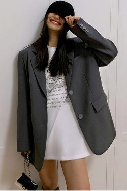 Oversized Gray Suit Jacket for Women, Loose Fit Blazer, Elegant Slimming Design, High-End Street Fashion, 2025 Spring Autumn Collection