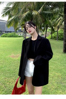 Oversized Gray Suit Jacket for Women, Loose Fit Blazer, Elegant Slimming Design, High-End Street Fashion, 2025 Spring Autumn Collection