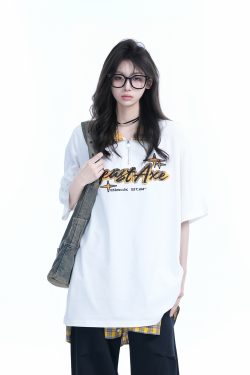 Oversized Loose Plaid Polo T-Shirt for Women - American College Style, Short Sleeve Tee with Casual Comfort and Trendy Design