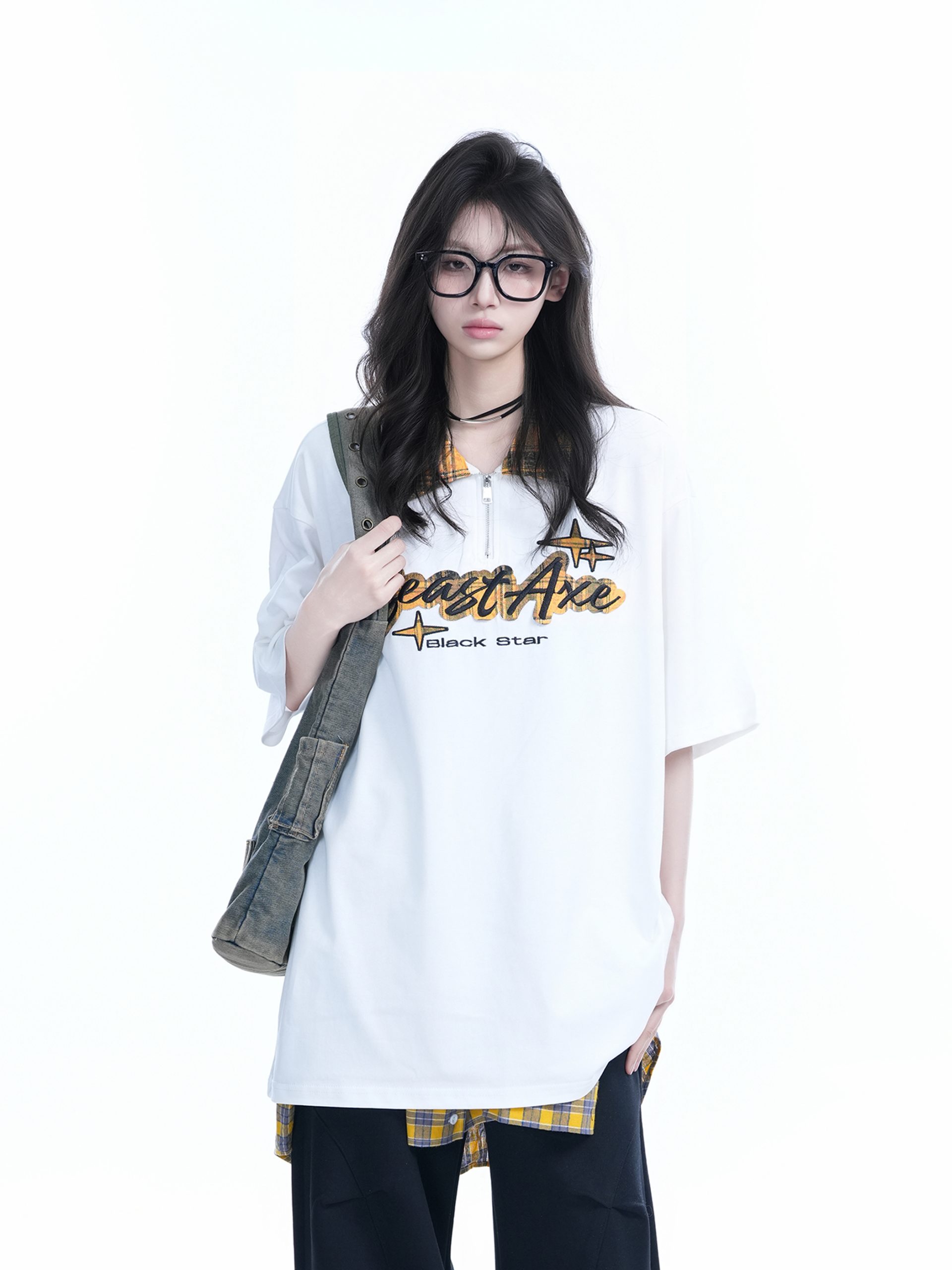 Oversized Loose Plaid Polo T-Shirt for Women - American College Style, Short Sleeve Tee with Casual Comfort and Trendy Design Oversized Loose Plaid Polo T-Shirt for Women - American College Style, Short Sleeve Tee with Casual Comfort and Trendy Design