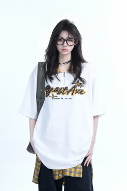 Oversized Loose Plaid Polo T-Shirt for Women - American College Style, Short Sleeve Tee with Casual Comfort and Trendy Design