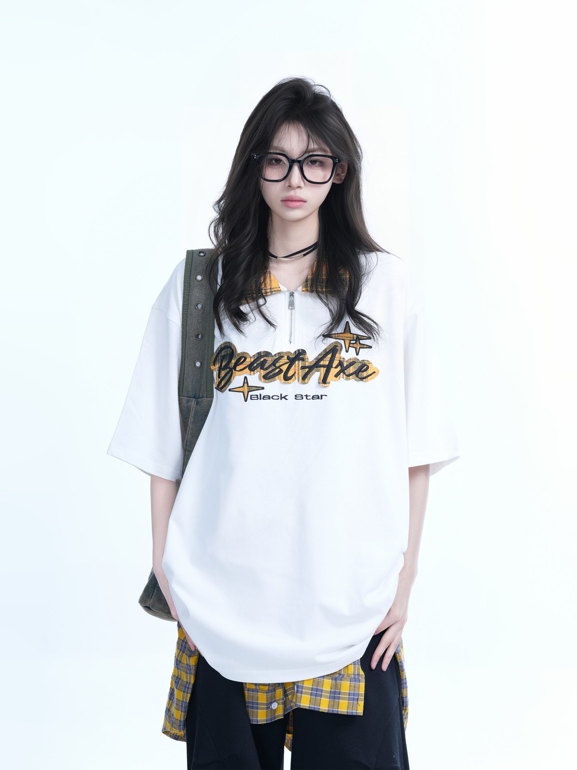 Oversized Loose Plaid Polo T-Shirt for Women - American College Style, Short Sleeve Tee with Casual Comfort and Trendy Design Oversized Loose Plaid Polo T-Shirt for Women - American College Style, Short Sleeve Tee with Casual Comfort and Trendy Design