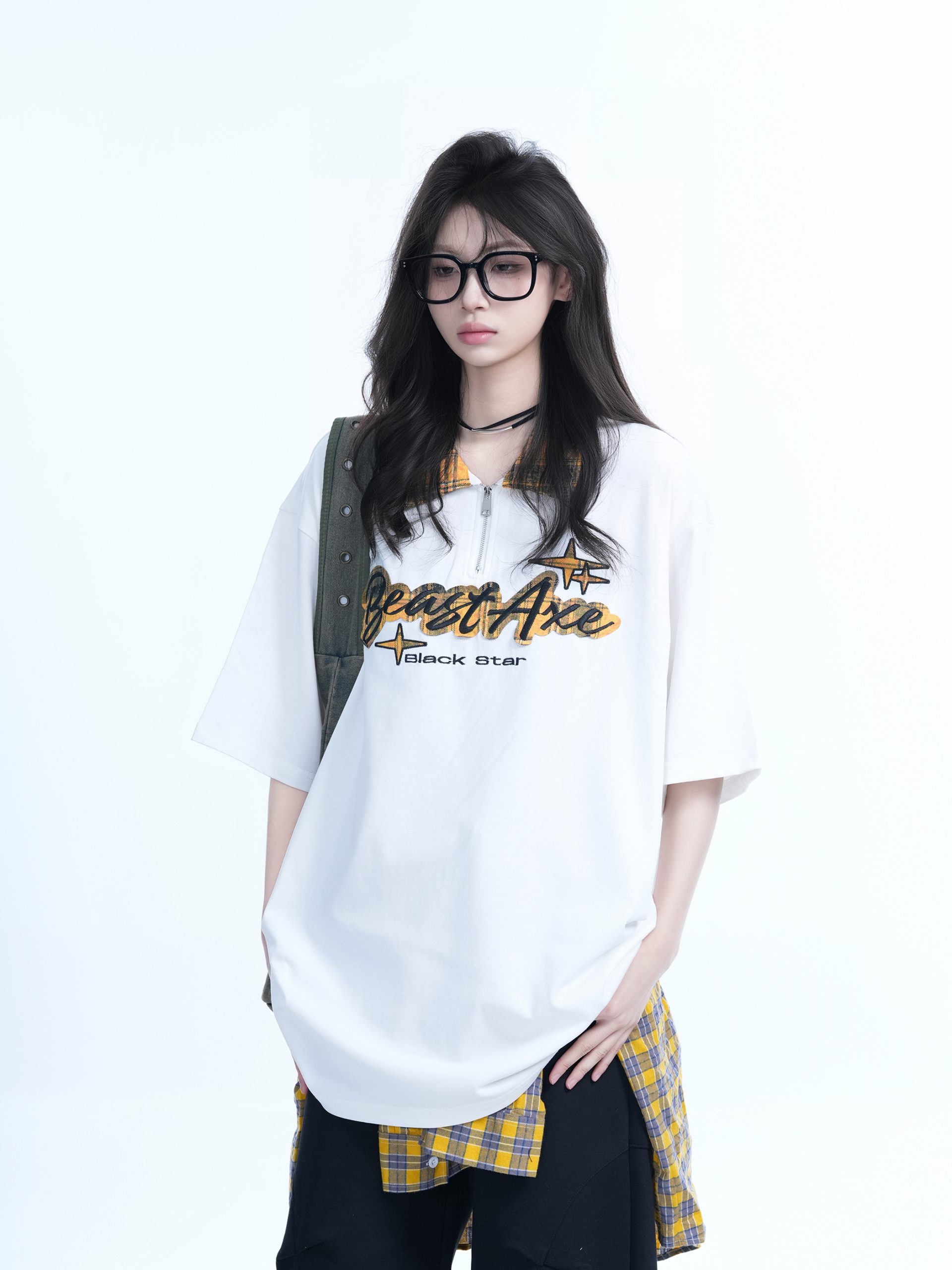 Oversized Loose Plaid Polo T-Shirt for Women - American College Style, Short Sleeve Tee with Casual Comfort and Trendy Design Oversized Loose Plaid Polo T-Shirt for Women - American College Style, Short Sleeve Tee with Casual Comfort and Trendy Design