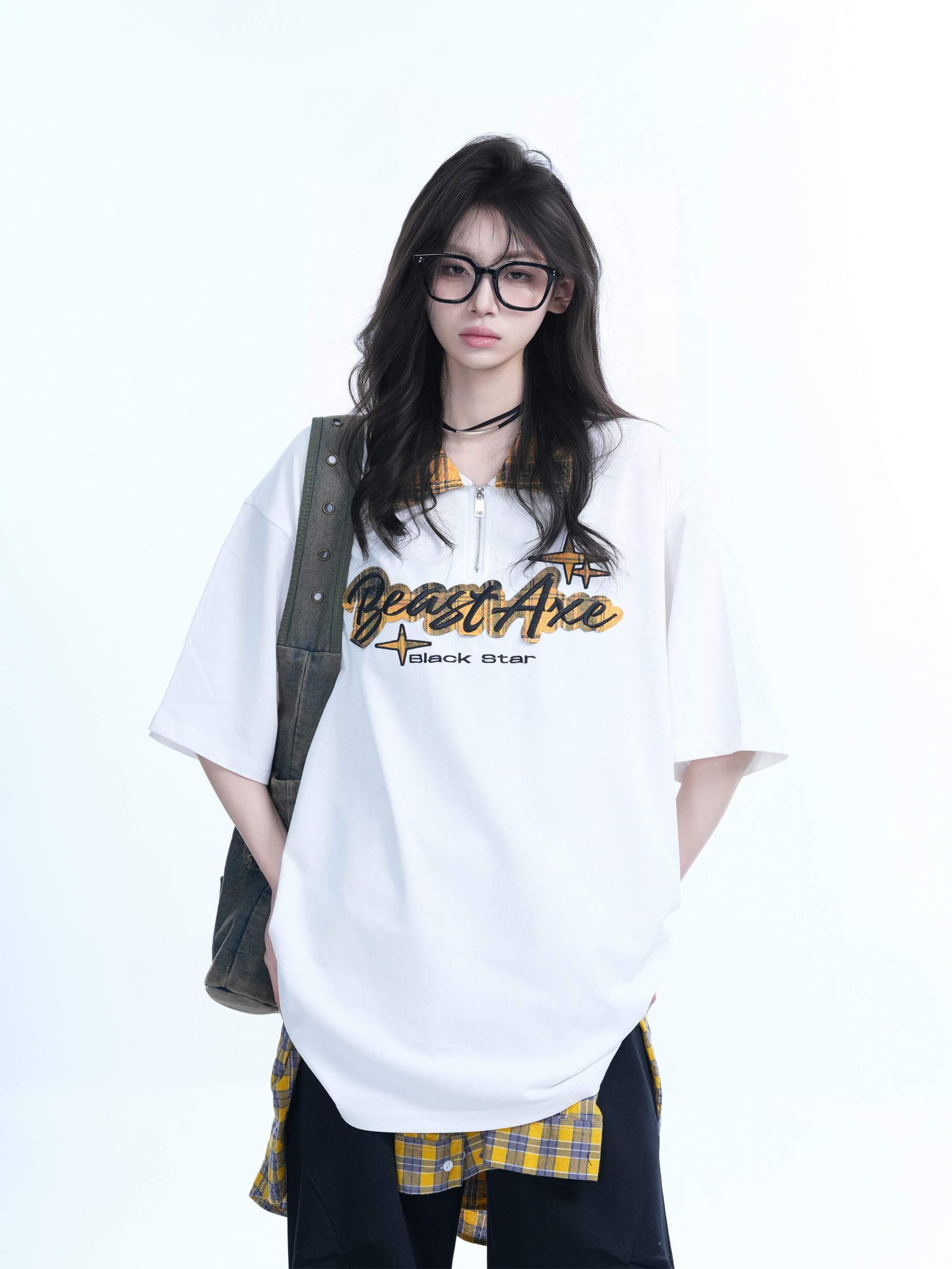 Oversized Loose Plaid Polo T-Shirt for Women - American College Style, Short Sleeve Tee with Casual Comfort and Trendy Design Oversized Loose Plaid Polo T-Shirt for Women - American College Style, Short Sleeve Tee with Casual Comfort and Trendy Design